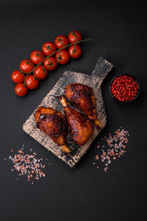 Delicious grilled chicken legs with spices and herbs in teriyaki sauce on a dark concrete backgroundの写真素材