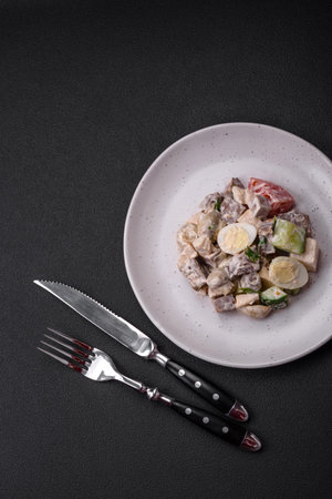 Delicious salad with boiled beef tongue, quail eggs, tomatoes and cucumber on a dark concrete backgroundの写真素材