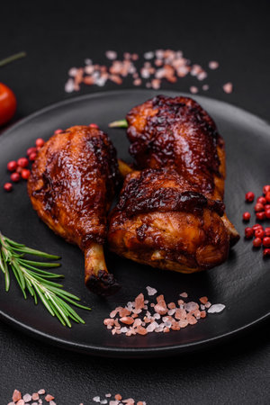 Delicious grilled chicken legs with spices and herbs in teriyaki sauce on a dark concrete backgroundの写真素材
