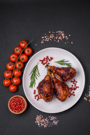 Delicious grilled chicken legs with spices and herbs in teriyaki sauce on a dark concrete backgroundの写真素材