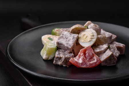 Delicious salad with boiled beef tongue, quail eggs, tomatoes and cucumber on a dark concrete backgroundの写真素材