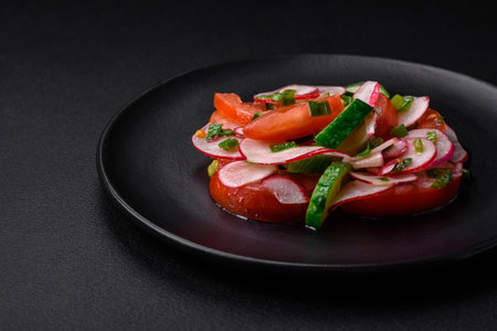 Delicious vegan salad of fresh vegetables of tomatoes, cucumbers and radishes with salt and spices on a dark concrete backgroundの写真素材