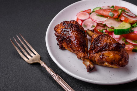 Delicious nutritious dish consisting of grilled chicken legs with a salad of tomatoes, radishes and cucumbers on a dark concrete backgroundの写真素材