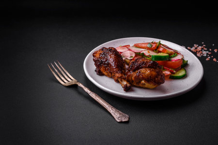 Delicious nutritious dish consisting of grilled chicken legs with a salad of tomatoes, radishes and cucumbers on a dark concrete backgroundの写真素材