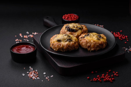 Delicious baked meat boats with mushrooms, cheese, salt and spices on a dark concrete backgroundの写真素材