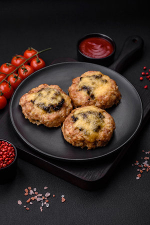 Delicious baked meat boats with mushrooms, cheese, salt and spices on a dark concrete backgroundの写真素材