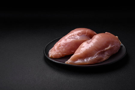 Pieces of raw chicken or turkey fillet with salt, spices and herbs on a dark concrete backgroundの写真素材