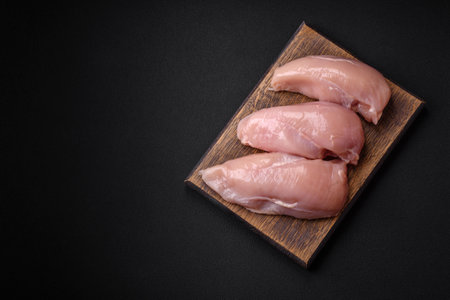 Pieces of raw chicken or turkey fillet with salt, spices and herbs on a dark concrete backgroundの写真素材