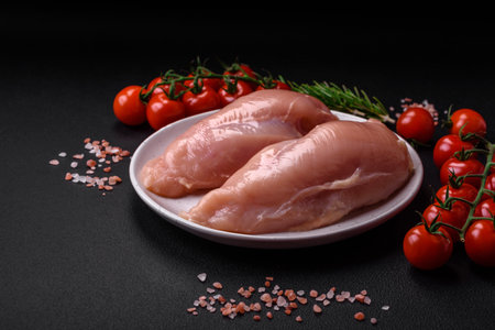 Pieces of raw chicken or turkey fillet with salt, spices and herbs on a dark concrete backgroundの写真素材