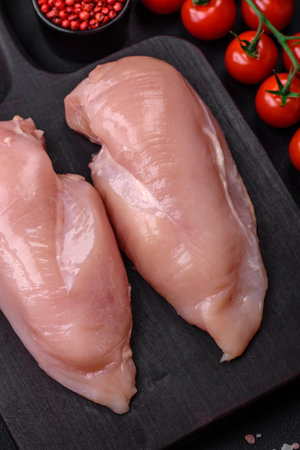 Pieces of raw chicken or turkey fillet with salt, spices and herbs on a dark concrete backgroundの写真素材