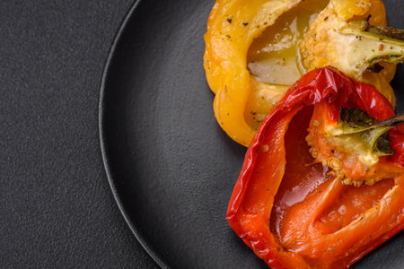 Delicious juicy grilled peppers with spices and herbs on a dark concrete backgroundの写真素材
