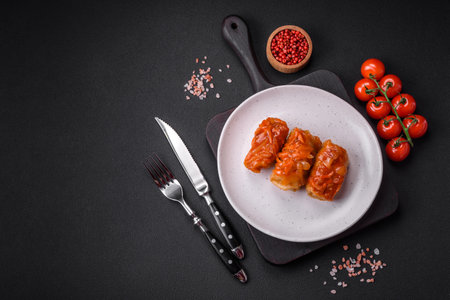 Delicious cabbage rolls with meat, rice, salt, spices and herbs. Traditional dish of Ukrainian cuisineの写真素材