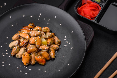 Delicious marinated mussels with spices and herbs on a ceramic plate on a dark concrete backgroundの写真素材