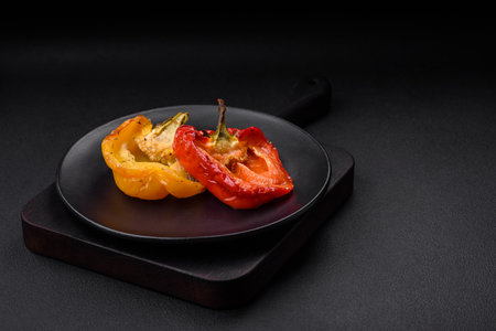 Delicious juicy grilled peppers with spices and herbs on a dark concrete backgroundの写真素材