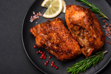Delicious fried sea bass fish in the form of slices with spices and herbs on a ceramic plate on a dark concrete backgroundの写真素材
