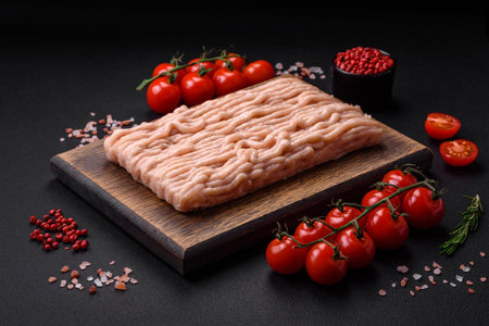 Fresh minced chicken with salt, spices and herbs on a wooden cutting board on a dark concrete...