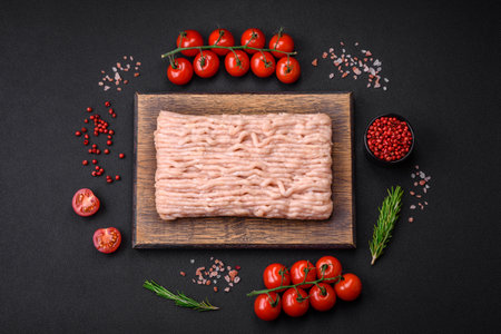 Fresh minced chicken with salt, spices and herbs on a wooden cutting board on a dark concrete...