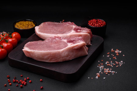 Raw pork on the bone or rib sliced with salt, spices and herbs on a dark concrete backgroundの写真素材