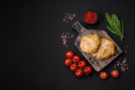 Delicious fried chopped fillet pancakes with spices, salt and herbs on a dark concrete background