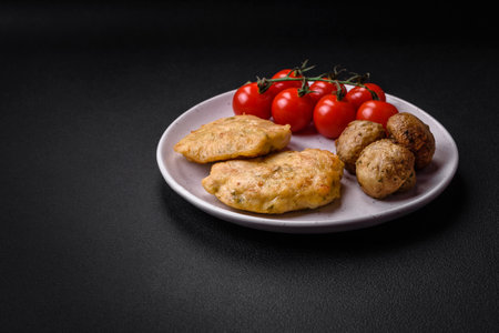 Delicious fried chopped fillet pancakes with spices, salt and herbs on a dark concrete background