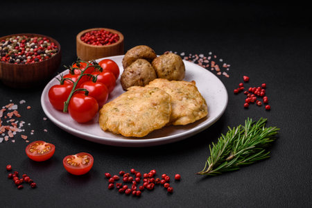 Delicious fried chopped fillet pancakes with spices, salt and herbs on a dark concrete background
