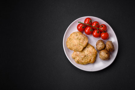Delicious fried chopped fillet pancakes with spices, salt and herbs on a dark concrete backgroundの写真素材