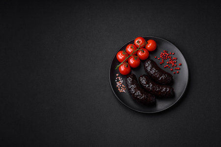 Delicious black blood sausage or black pudding with spices and herbs grilled on a black concrete...