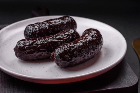 Delicious black blood sausage or black pudding with spices and herbs grilled on a black concrete backgroundの写真素材