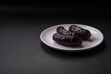 Delicious black blood sausage or black pudding with spices and herbs grilled on a black concrete backgroundの写真素材