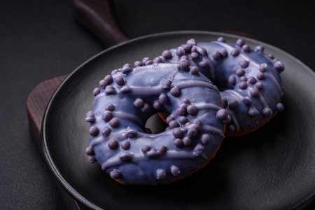 Delicious sweet donut of purple color in glaze and with lilac balls with chocolate filling on a dark concrete backgroundの写真素材