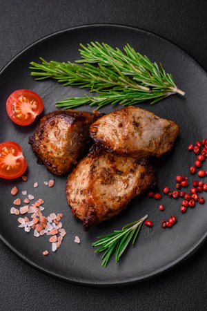 Delicious grilled meat in the form of a kebab with spices and herbs on a dark concrete backgroundの写真素材