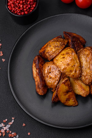 Delicious grilled potato slices with garlic, spices and herbs on a dark concrete backgroundの写真素材