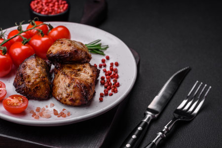 Delicious grilled meat in the form of a kebab with spices and herbs on a dark concrete backgroundの写真素材