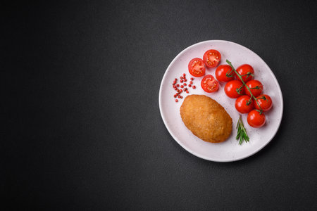 Delicious baked cutlet breaded with spices, salt and herbs on a dark concrete backgroundの写真素材