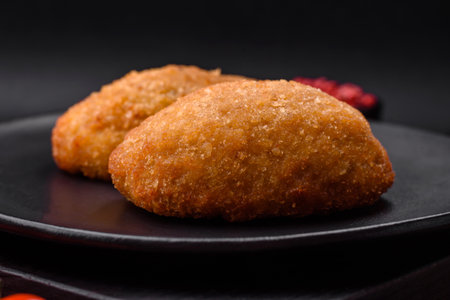 Delicious baked cutlet breaded with spices, salt and herbs on a dark concrete background