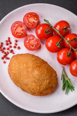 Delicious baked cutlet breaded with spices, salt and herbs on a dark concrete backgroundの写真素材