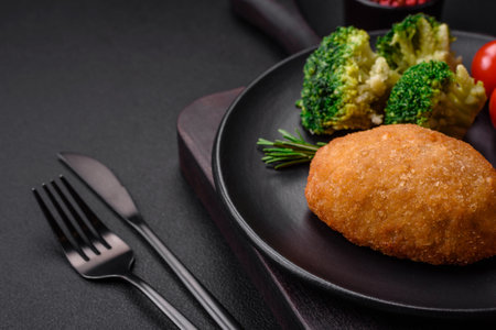 Delicious baked cutlet breaded with spices, salt and herbs on a dark concrete backgroundの写真素材