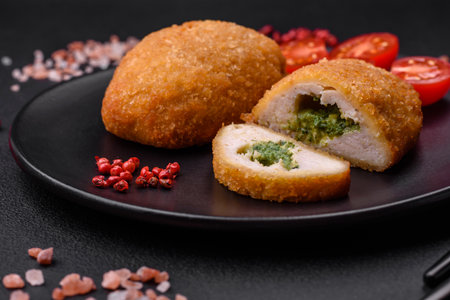 Delicious baked cutlet breaded with spices, salt and herbs on a dark concrete backgroundの写真素材