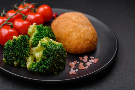 Delicious baked cutlet breaded with spices, salt and herbs on a dark concrete background
