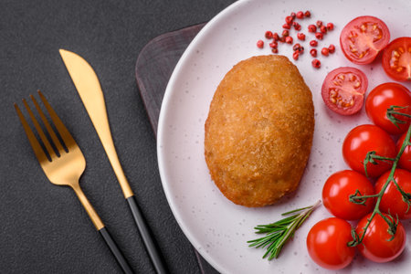 Delicious baked cutlet breaded with spices, salt and herbs on a dark concrete backgroundの写真素材