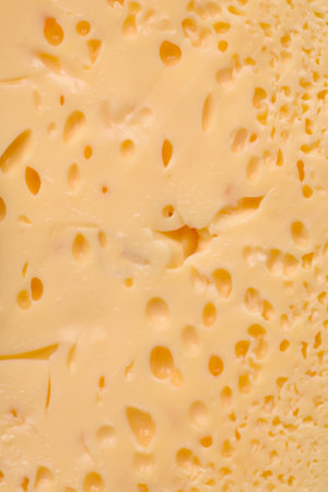 Delicious porous yellow cheese cut in large pieces on a ceramic plate on a dark concrete backgroundの写真素材