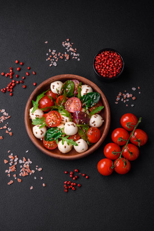 Delicious fresh salad with mozzarella cheese, cherry tomatoes, herbs, salt and spices on a dark concrete backgroundの写真素材