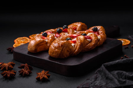 Delicious fresh crispy pastry in the form of a pigtail with strawberries and blueberries on a dark...