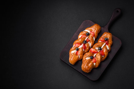 Delicious fresh crispy pastry in the form of a pigtail with strawberries and blueberries on a dark...
