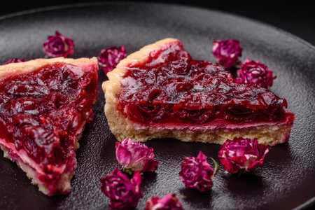 Delicious fragrant sweet pie with cherry berries on a ceramic plate on a dark concrete backgroundの写真素材