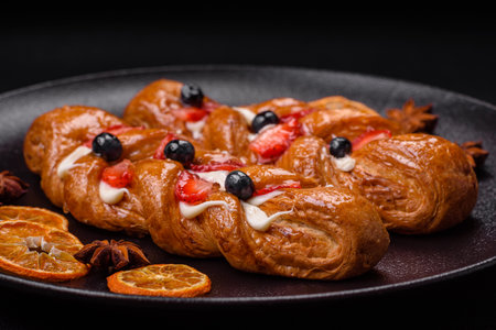 Delicious fresh crispy pastry in the form of a pigtail with strawberries and blueberries on a dark concrete backgroundの写真素材