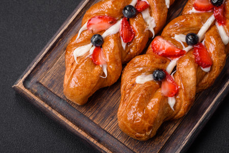 Delicious fresh crispy pastry in the form of a pigtail with strawberries and blueberries on a dark concrete backgroundの写真素材
