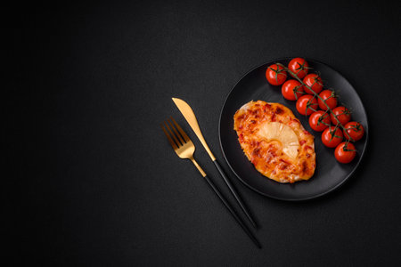 Grilled chicken fillet in the form of a steak with tomatoes, pineapple and cheese on a dark concrete backgroundの写真素材