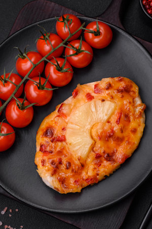 Grilled chicken fillet in the form of a steak with tomatoes, pineapple and cheese on a dark concrete backgroundの写真素材