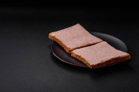 Delicious crispy toast with chicken or goose pate with salt and spices on a dark concrete backgroundの写真素材